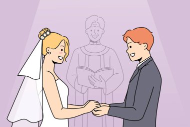 Kadın ve erkeğin el ele tutuşup şamdanla sunağın yanında durdukları bir evlilik töreni. Evlenmek isteyen dindar katoliklerin evliliği ve kutsal babamızdan kutsama.
