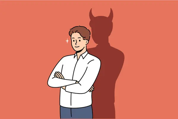 stock vector Confident businessman with bad thoughts stands with arms crossed near shadow with devil horns. Bad male office worker with treacherous ideas, wants to achieve goal in unethical way