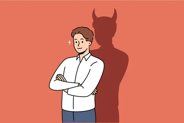 悪い考えを持つ自信のあるビジネスマンは 悪魔の角で影の近くに交差した腕で立っています 危険なアイデアを持つ悪い男性オフィスワーカーは 非倫理的な方法で目標を達成したい ストックイラスト