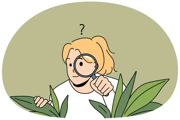 Mujer Joven Curiosa Con Lupa Esconden Los Arbustos Espía Después Ilustración de stock