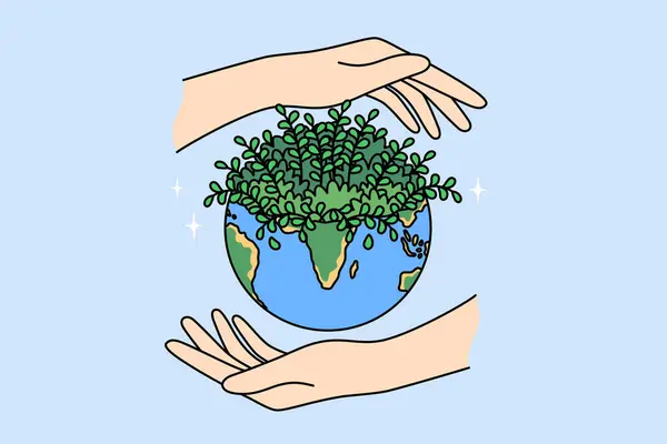 惑星地球と人々の手は 植物の成長を引き起こす多様性の環境や生態系を保護することを気にしています Co2排出量を削減し 気候変動に対処するためのエコロジーデイコンセプト ロイヤリティフリーのストックイラスト