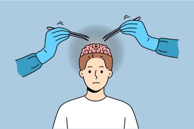 Neurosurgical operation on brain of man looking at camera, standing near two doctors hands with tweezers. Neurosurgical research and search for possibility of improving human neurons clipart