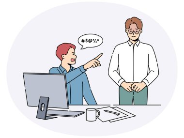 Öfkeli işadamı ofisteki stresli erkek çalışana bağırıyor. Kızgın patron ya da CEO mutsuz işçi diye bağırıyor. İşyerinin astı. Vektör illüstrasyonu.