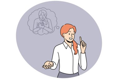 Öfkeli iç benlik, iş kadınını kötü eylemlere ikna eder. Şüpheli şeytani bilinçaltı kadın çalışanla konuşuyor. Vektör illüstrasyonu.