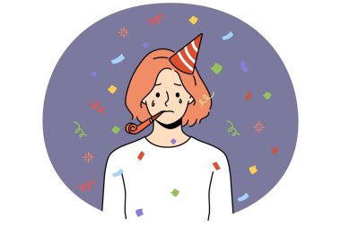 Unhappy woman in birthday hat blow in whistle celebrate anniversary alone. Upset girl feel lonely and abandoned at party celebration. Vector illustration. clipart