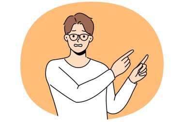 Hüsrana uğramış adam boş reklam alanını işaret ediyor. Kafası karışık mutsuz bir adam anlaşma önerir ya da garip hisseder. Vektör illüstrasyonu.