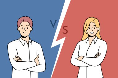 Başarılı iş arkadaşları kollarını kavuşturup profesyonel beceri ve verimlilikle rekabet etmek istiyorlar. Yöneticiler kurulundaki yönetici pozisyonu için erkek iş yarışında kadına karşı.