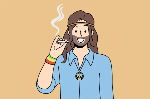 大麻と笑顔を吸うヒッピーマンは 胸に平和主義のサブカルチャーのシンボルと立っています 長い髪の痛みのある男はマリファナのタバコを楽しんで あなたをレゲエフェスティバルに招待 ロイヤリティフリーストックベクター