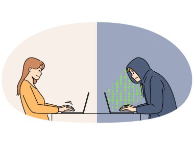 Bilgisayarda erkek hacker ile sohbet eden bir kadın. Erkek dolandırıcı kızla internette iletişim kuruyor. Sahte erkek arkadaş ve internet dolandırıcılığı. Vektör illüstrasyonu.