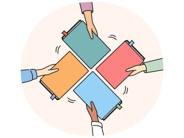 Kitapları elinde olan çeşitli insanlar çapraz kitap yarışmasına katılıyorlar. Arkadaşlar edebiyat dersinde ders kitaplarını paylaşırlar. Kitap geçiş ve eğitim. Vektör illüstrasyonu.