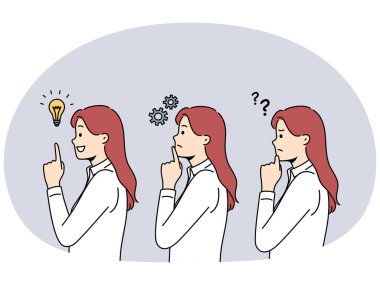 Düşünceli kadın düşünme süreciyle meşgul olduğunu ve iş sorununa çözüm bulduğunu düşünüyor. Sorunları çözme ve beyin fırtınası kavramı. Vektör illüstrasyonu.