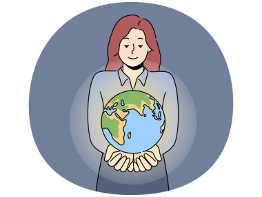 Ellerinde dünya gezegeni olan gülümseyen kadın ilgi ve sevgi gösteriyor. Küreli mutlu bayan öğretmen. Doğa koruma ve koruma. Vektör illüstrasyonu.