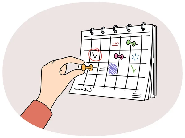 Duvarda asılı duran takvime insan eli iğnesi. İşadamı planlarını ay sonuna kadar yapar. Zaman yönetimi konsepti. Vektör illüstrasyonu.