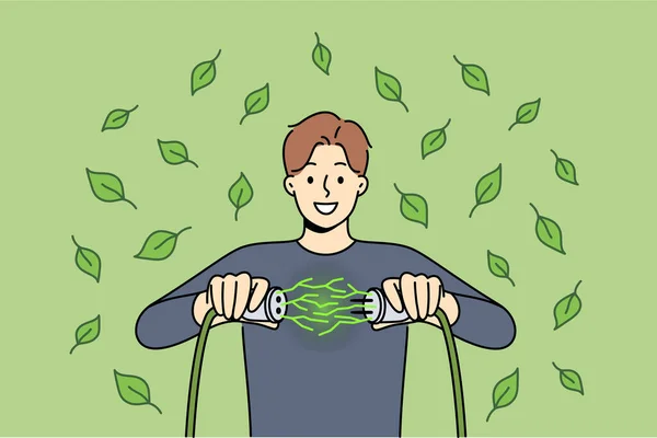 Homem Usa Energia Verde Obtida Partir Fontes Ecológicas Alternativas Conecta Ilustração De Stock