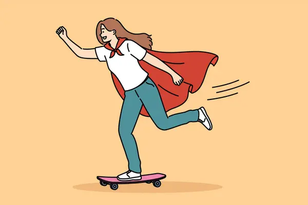 Femme Cape Super Héros Utilise Skateboard Pour Déplacer Dans Ville — Image vectorielle