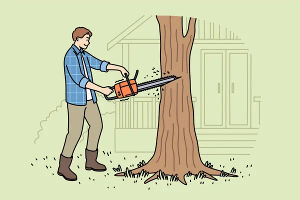 Oduncu Adam Evin Yakınında Büyüyen Yaşlı Hastalıklı Ağaçtan Kurtulmak Için — Stok Vektör