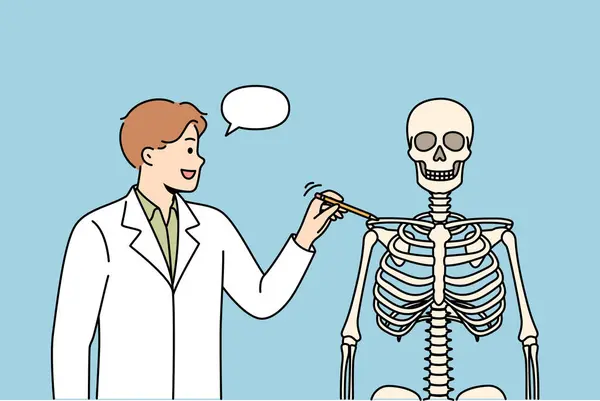 Homem Professor Faculdade Medicina Fala Sobre Estrutura Esqueleto Humano Ensina —  Vetores de Stock