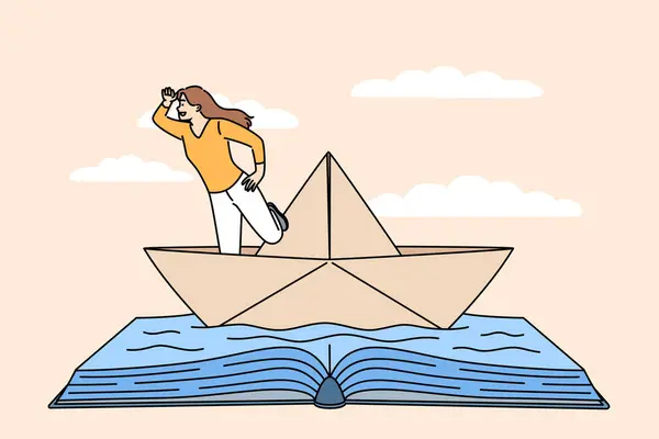 Woman Bookworm Fantasizes Sailing Traveling World Ocean Standing Paper Ship — Stock Vector