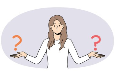 Ellerinde soru işaretleri olan kafası karışmış bir kadın karar verir. Emin olmayan bir kız farklı seçenekleri karşılaştırırken hayal kırıklığına uğrar. Vektör illüstrasyonu.