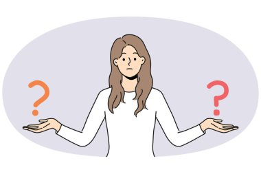 Confused woman with question marks on hands make decision. Unsure girl feel frustrated comparing different options having dilemma. Vector illustration. clipart