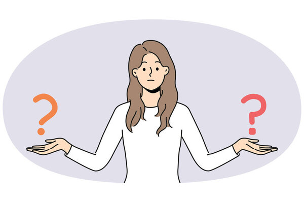 Confused woman with question marks on hands make decision. Unsure girl feel frustrated comparing different options having dilemma. Vector illustration.