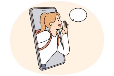 Sırt çantalı bir kız iyi bir satış anlaşması ya da promosyon için cep telefonu ekranına el hareketi yapıyor. Elleri megafon gibi olan kadın duyuru yapıyor. Vektör illüstrasyonu.