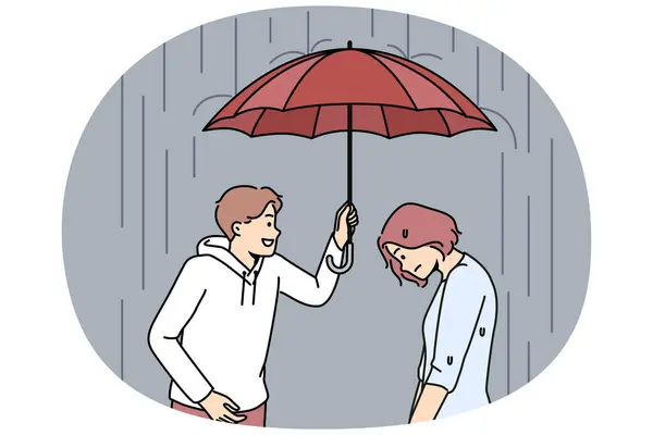 Homme Attentionné Tient Son Parapluie Dessus Une Malheureuse Femme Détresse Graphismes Vectoriels