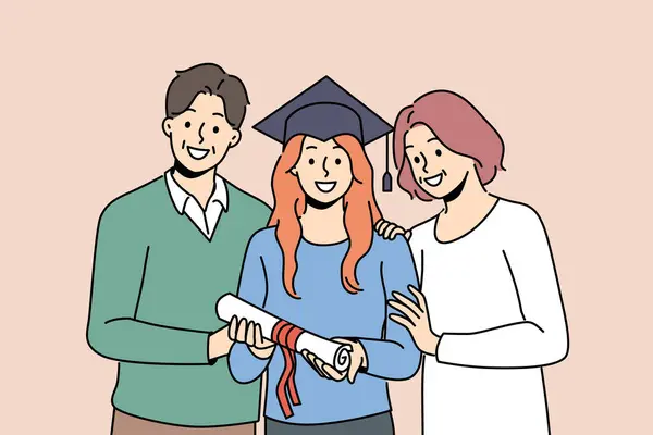 Выпускница Студенческой Шляпе Имеет Свидетельство Высшем Образовании Стоящее Рядом Родителями Лицензионные Стоковые Иллюстрации