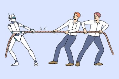 Competition peoples and robot in tug of war, as metaphor for struggle for job. Strong robot demonstrates superiority over office employees are unable to defeat technology and innovation in business. clipart