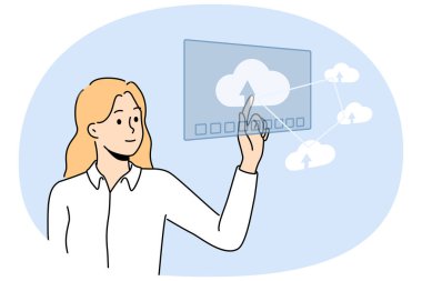 Cloud bilgisayar sistemiyle çalışan gülümseyen bir iş kadını. Dijital uygulamadaki mutlu kadın çalışan dokunmatik ikonu. Vektör illüstrasyonu.