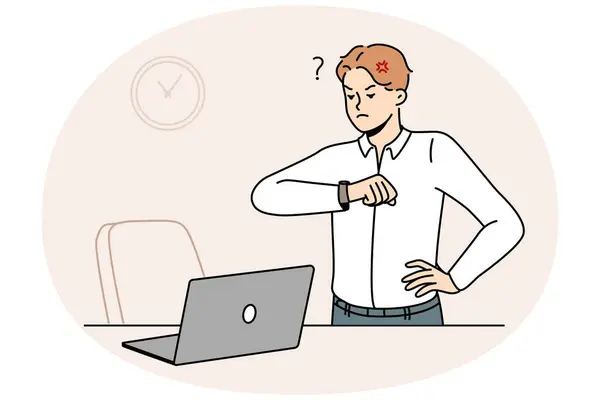 Homme Affaires Furieux Regarder Montre Bracelet Malheureux Avec Employé Étant — Image vectorielle