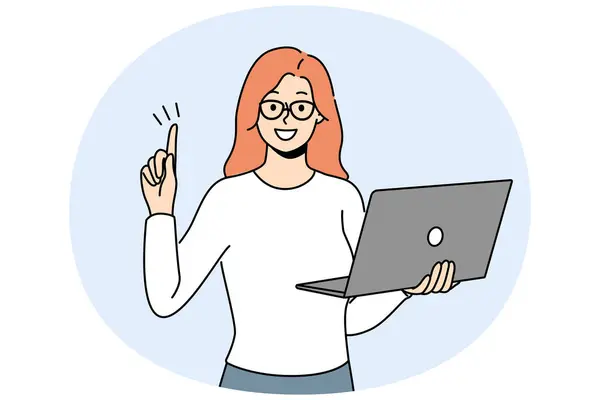 ラップトップを手にした笑顔のビジネスマンは 革新的なアイデアに興奮する空気に指を入れました 幸せな女性の従業員は コンピュータ上でビジネス思考の仕事を生成します ベクトルイラスト ストックベクター