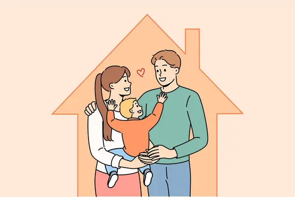 Gezin Met Baby Staat Huis Aankoop Van Een Eigen Huis — Stockvector