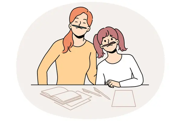 Smiling Mother Daughter Have Fun Doing Homework Together Home Happy Royalty Free Stock Illustrations