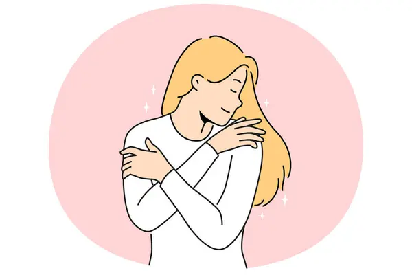 Happy Woman Hug Herself Showing Selflove Selfcare Smiling Girl Embrace — Stock Vector