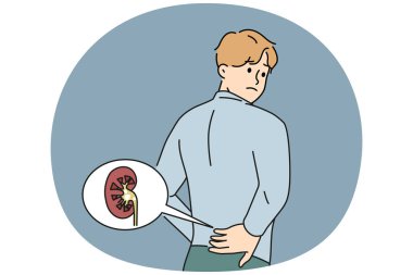 Sağlıksız bir adamın dokunuşu böbrek ağrısından ve vücut organlarında taşlardan zarar görür. Sağlıksız bir adam böbrek ağrısıyla boğuşuyor. Vektör illüstrasyonu.