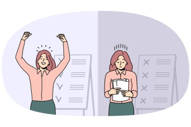 Tamamlanmamış ve bitirilmemiş işleri olan kadın karşılaştırması. Planları ve listesi olan başarısız ve başarılı bir bayan çalışan. Vektör illüstrasyonu.