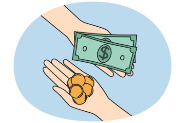 Piyasada finans işiyle uğraşan eli para dolu eller. Para değiş tokuşu yapan insanlar. Finansal işlem konsepti. Vektör illüstrasyonu.