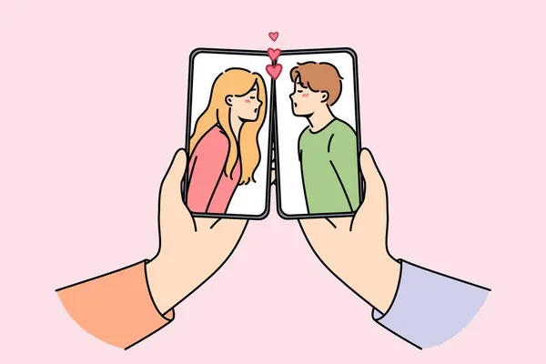 携帯電話のスクリーンで人々をキス コンセプトのためのオンライン またはスマートフォンのアプリを介して浮気 出会い系サイトからのカップル男性と女性は愛を見つけ 新しいロマンチックな関係を始めました — ストックベクタ