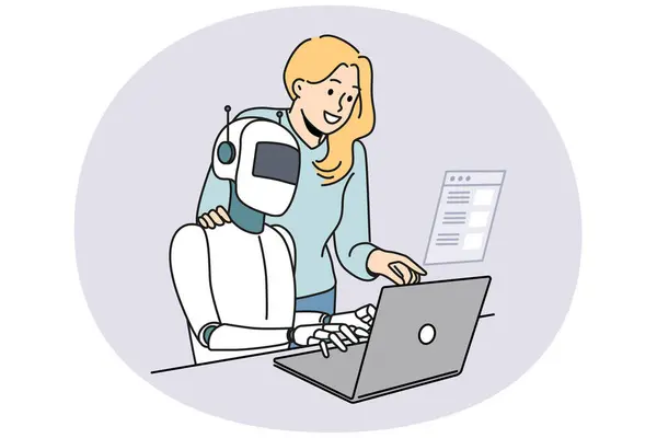 stock vector Female employee and robotic assistant work together on computer. Robot tester search program bugs and mistakes in software on laptop. QA concept. Vector illustration.