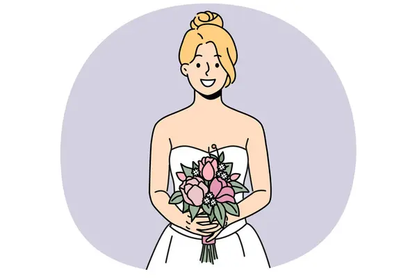 Femme Souriante Robe Mariée Tenant Des Fleurs Avant Cérémonie Mariage — Image vectorielle