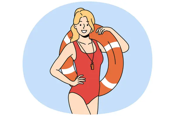 膨脹可能なリングが付いている水着の笑顔の女性の生命保護 リバイバルで水着でハッピーな女性ガード ベクトルイラスト — ストックベクタ