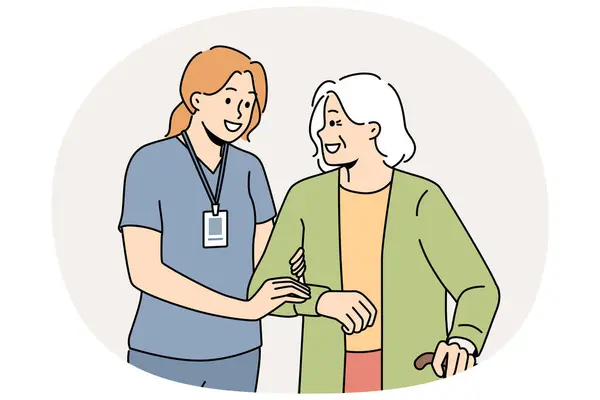 Χαμογελώντας Θηλυκό Φροντιστής Βοηθήσει Ώριμη Γυναίκα Περπάτημα Ευτυχισμένη Νοσοκόμα Στολή — Διανυσματικό Αρχείο