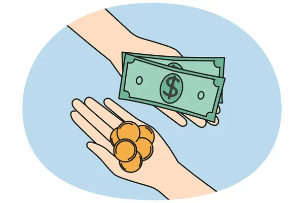 stock vector Hands with money engaged in finance exchange on market. People involved in currency exchange. Financial transaction concept. Vector illustration.