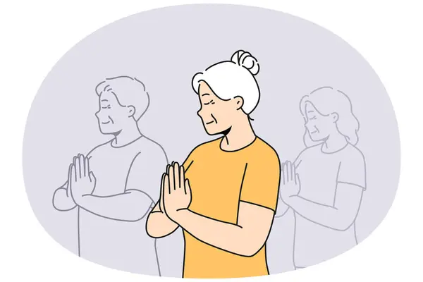 Elderly Woman Prayer Hands Practice Yoga Group Classes Happy Calm — Stock Vector
