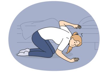 Kafası karışmış bir kadın yatağın altına bakıyor. Hüsrana uğramış kız yatak odasında kayıp eşya arıyor. Vektör illüstrasyonu.