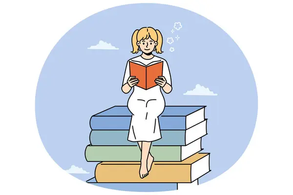 笑顔の女の子は本を読んで積み重ねている 教科書の山の上で幸せな子供は文学を楽しんでいる ブックホルムと教育 ベクトルイラスト — ストックベクタ