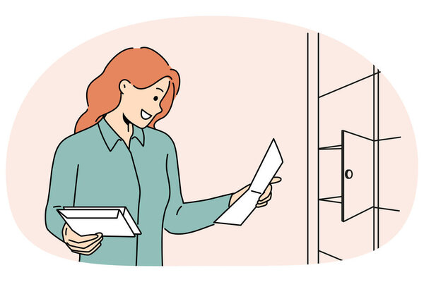 Smiling woman open mailbox reading correspondence. Happy female checking mail in house box. Vector illustration.