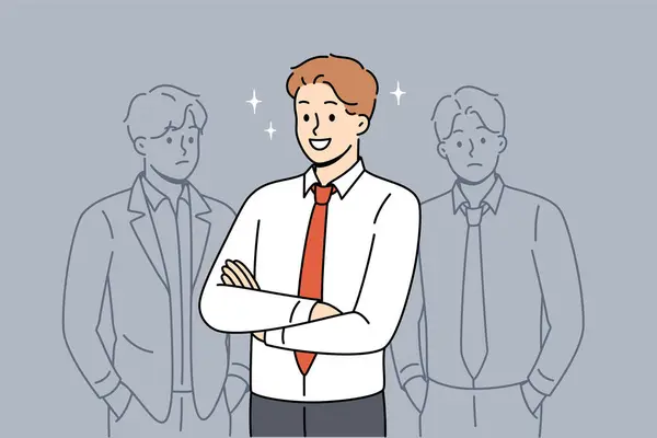 Successful Business Man Stands Arms Crossed Unsuccessful Sad Opponents Successful Stock Illustration