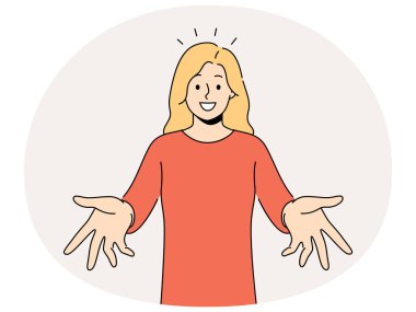 Kolları açık gülümseyen kadın biriyle tanışınca olumlu ve iyimser hissediyor. Mutlu kız yeni gelen ya da yeni geleni selamlıyor. Vektör illüstrasyonu.